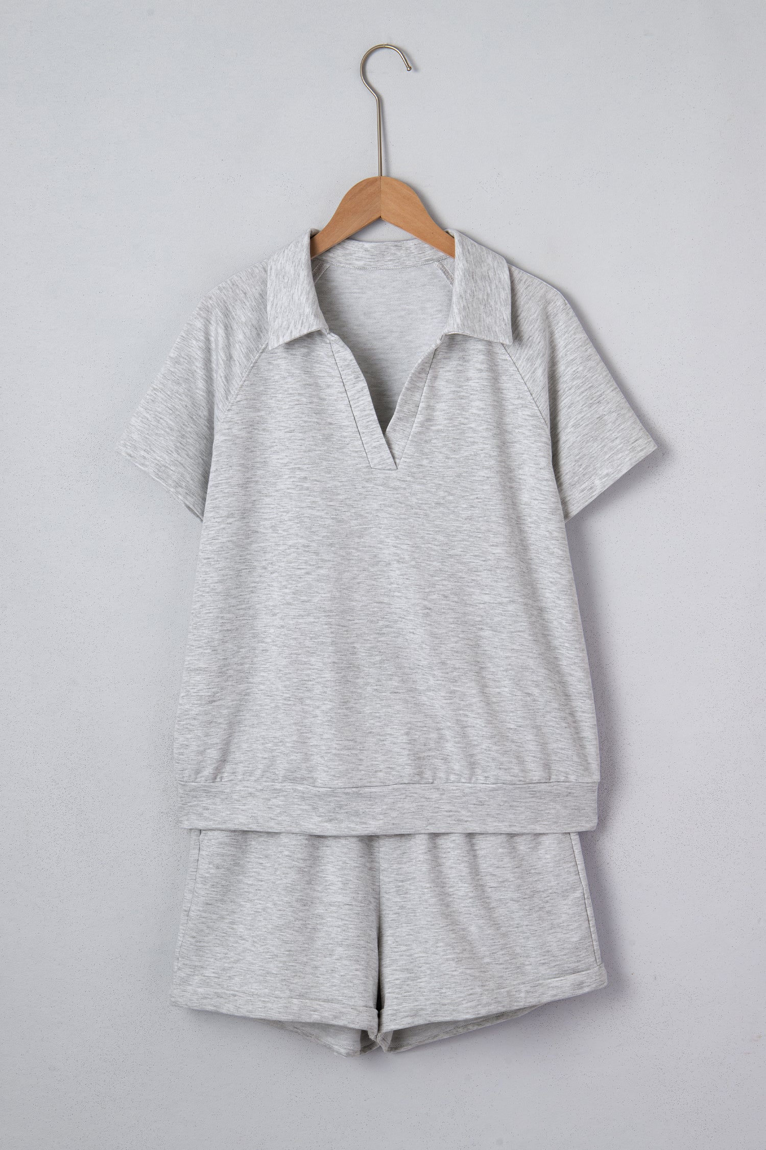 Light Grey Collared V Neck Tee Drawstring Elastic Waist Shorts 2pcs Outfit