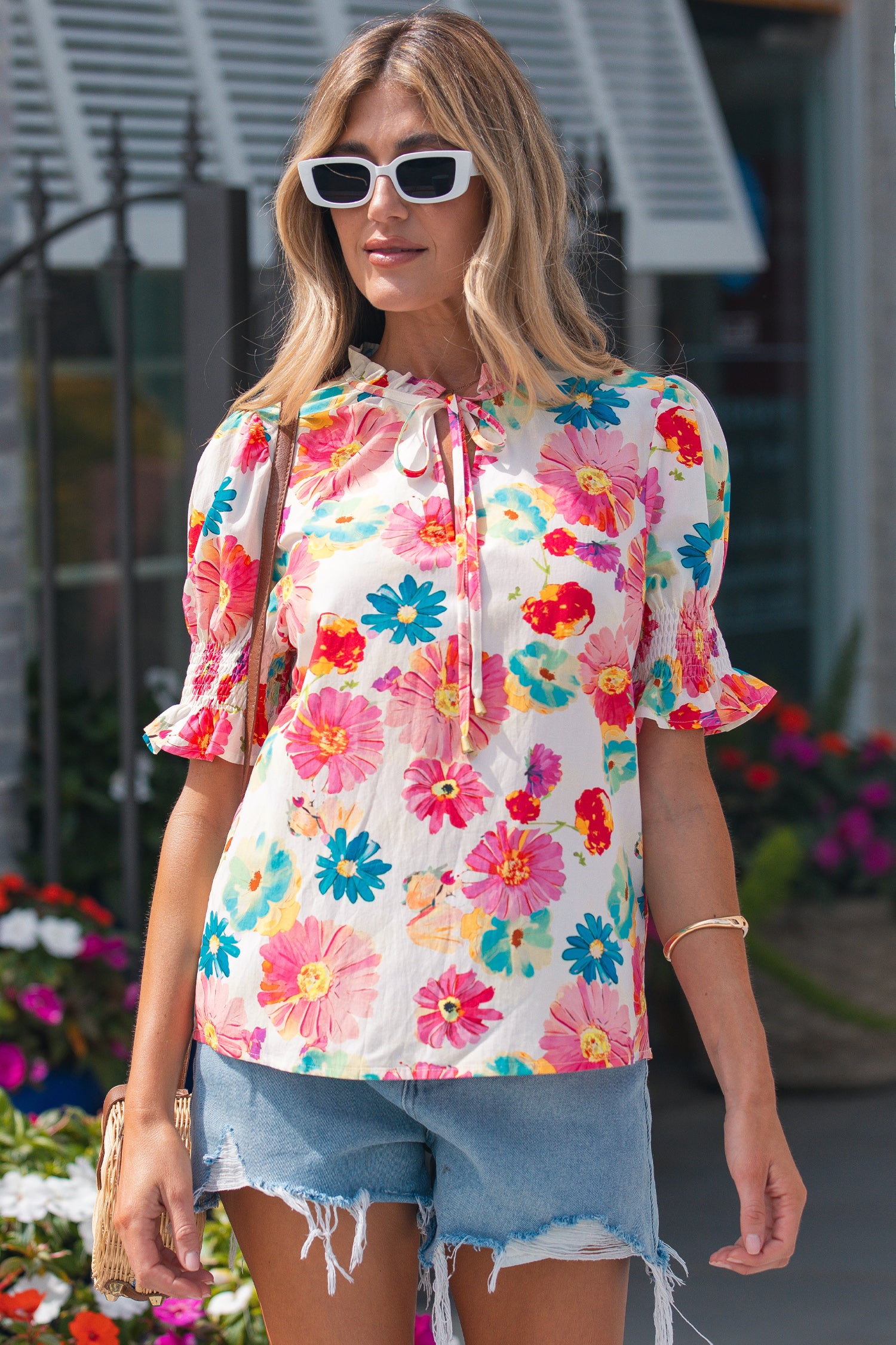 Beige Vibrant Summer Floral Tie V Neck Short Puff Sleeve Blouse