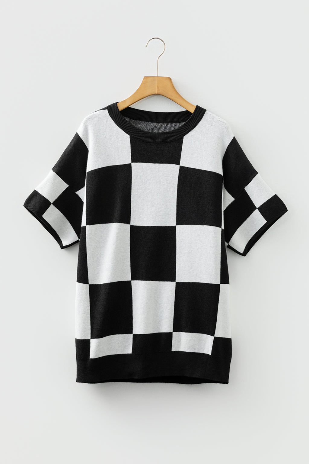 Black Checkered Pattern Loose Drop Shoulder Half Sleeve Sweater