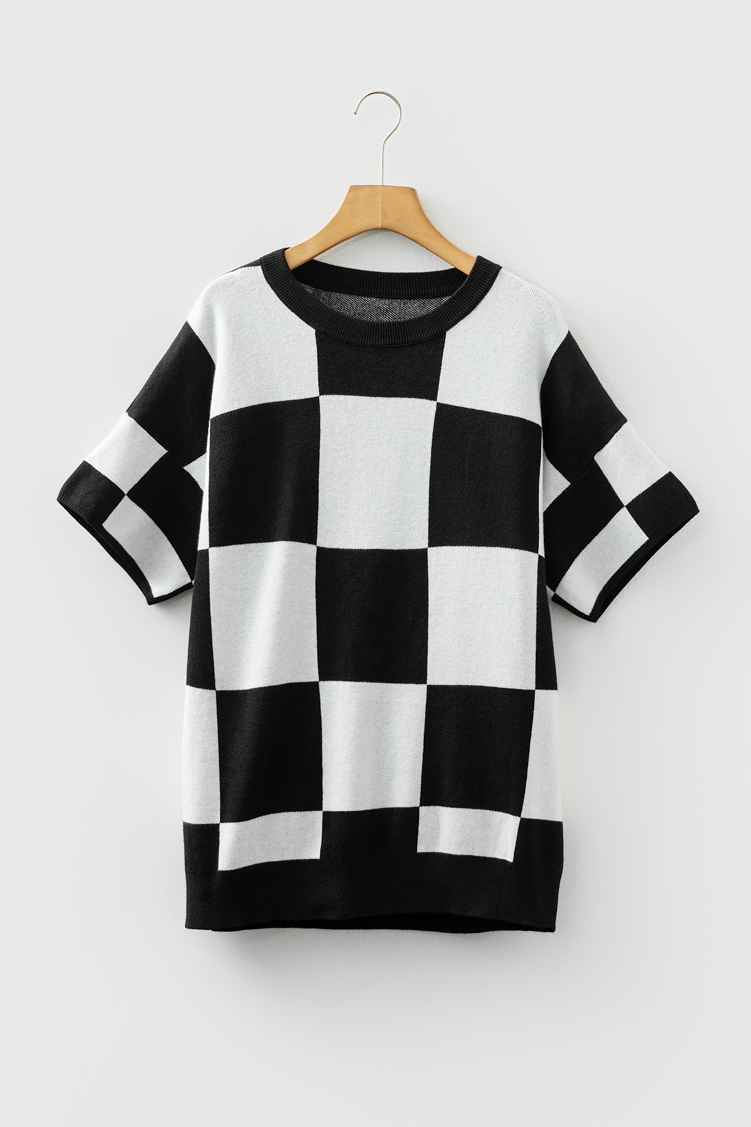 Black Checkered Pattern Loose Drop Shoulder Half Sleeve Sweater