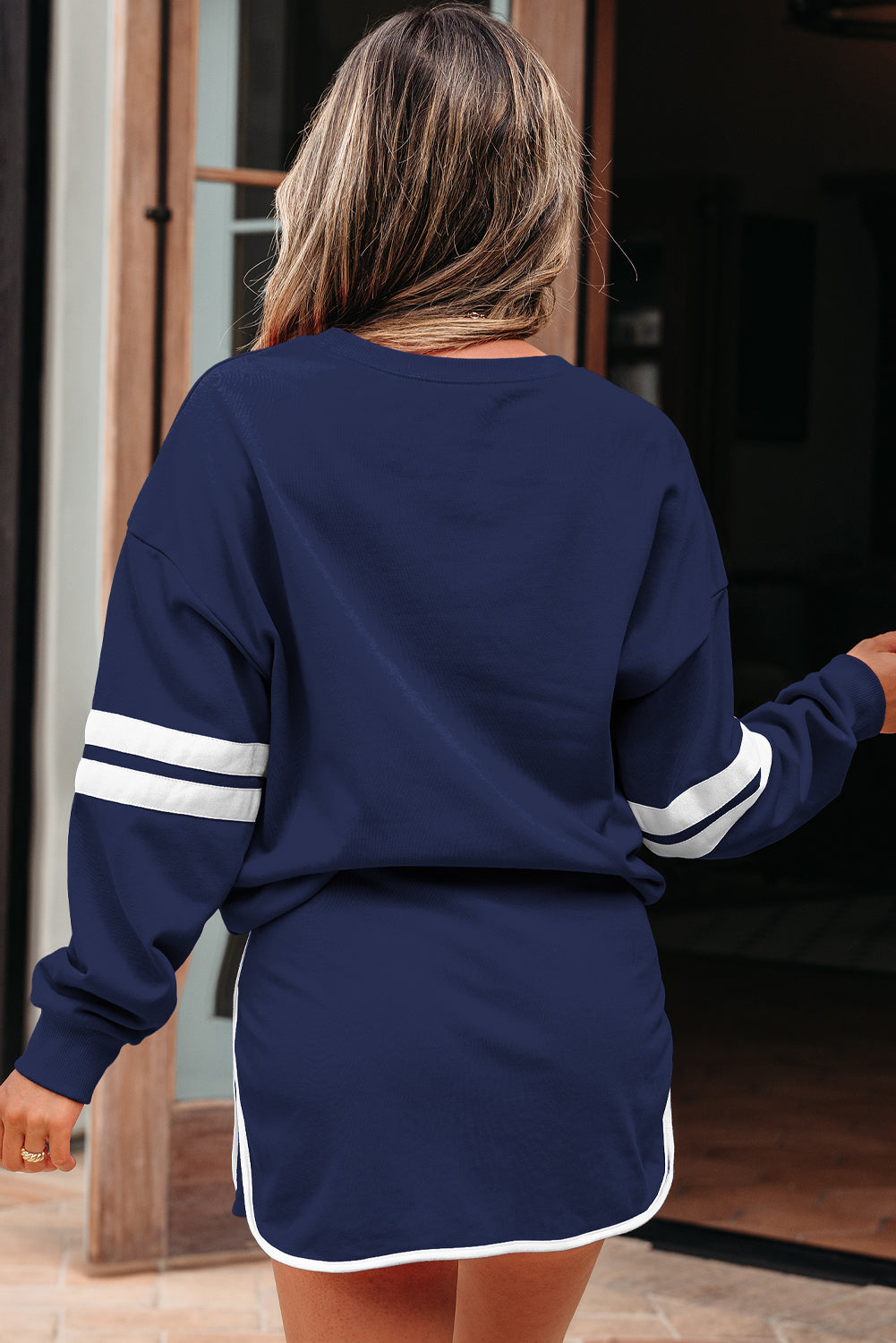 Black Varsity Stripe Detail Drop Shoulder Pullover Mini Skort Set