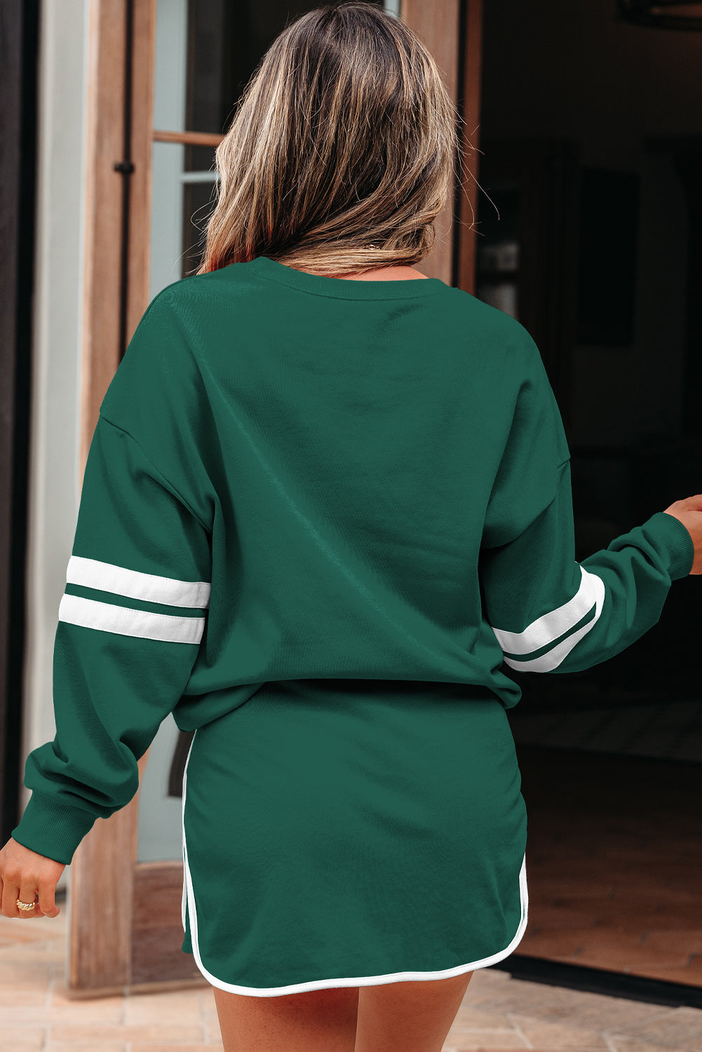 Black Varsity Stripe Detail Drop Shoulder Pullover Mini Skort Set