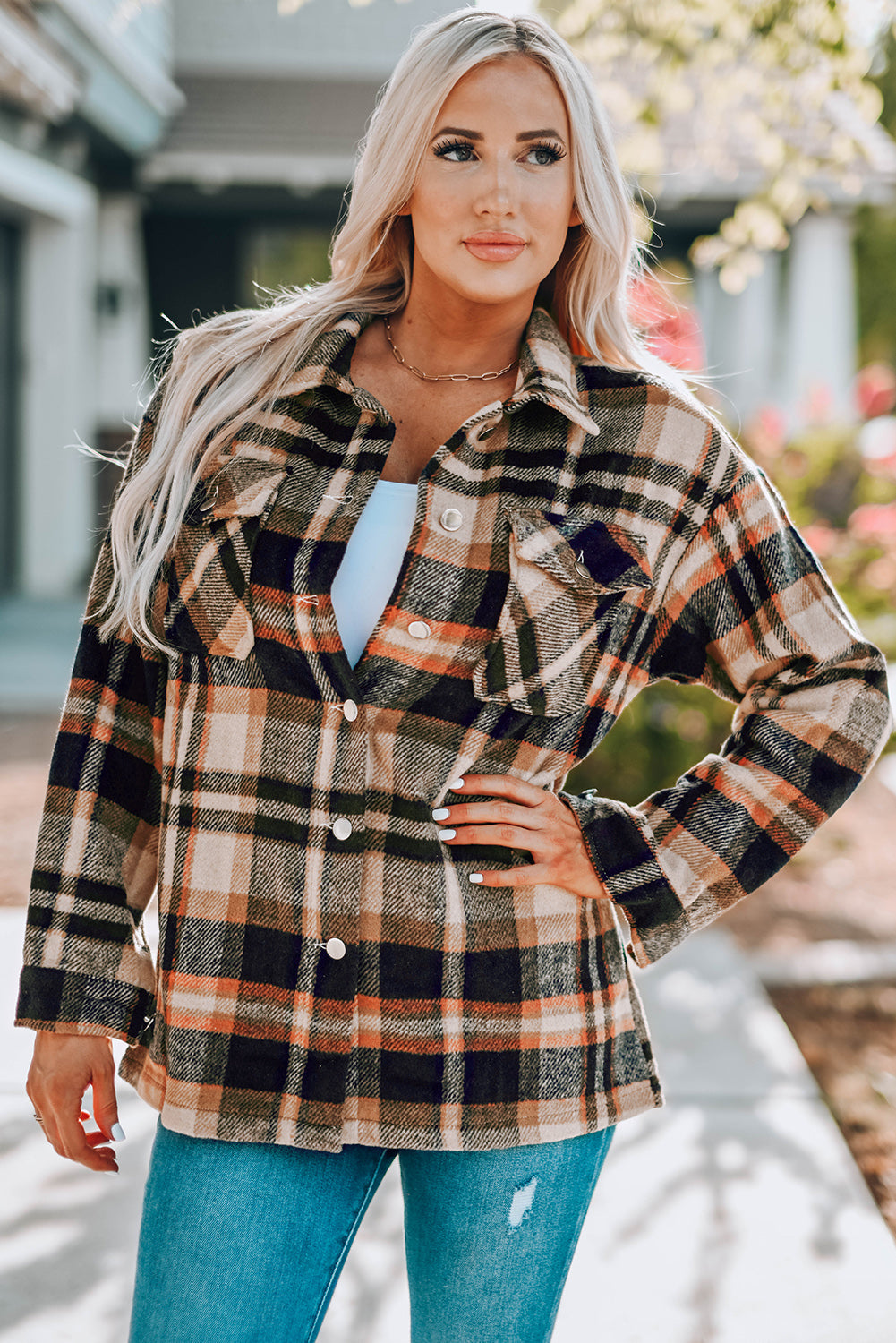 Fiery Red Geometric Plaid Print Pocketed Shacket