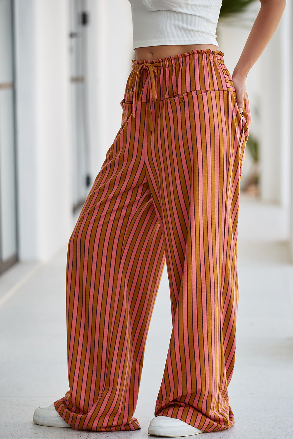Khaki Stripe Button Pocket Tie Waist Casual Wide Leg Pants