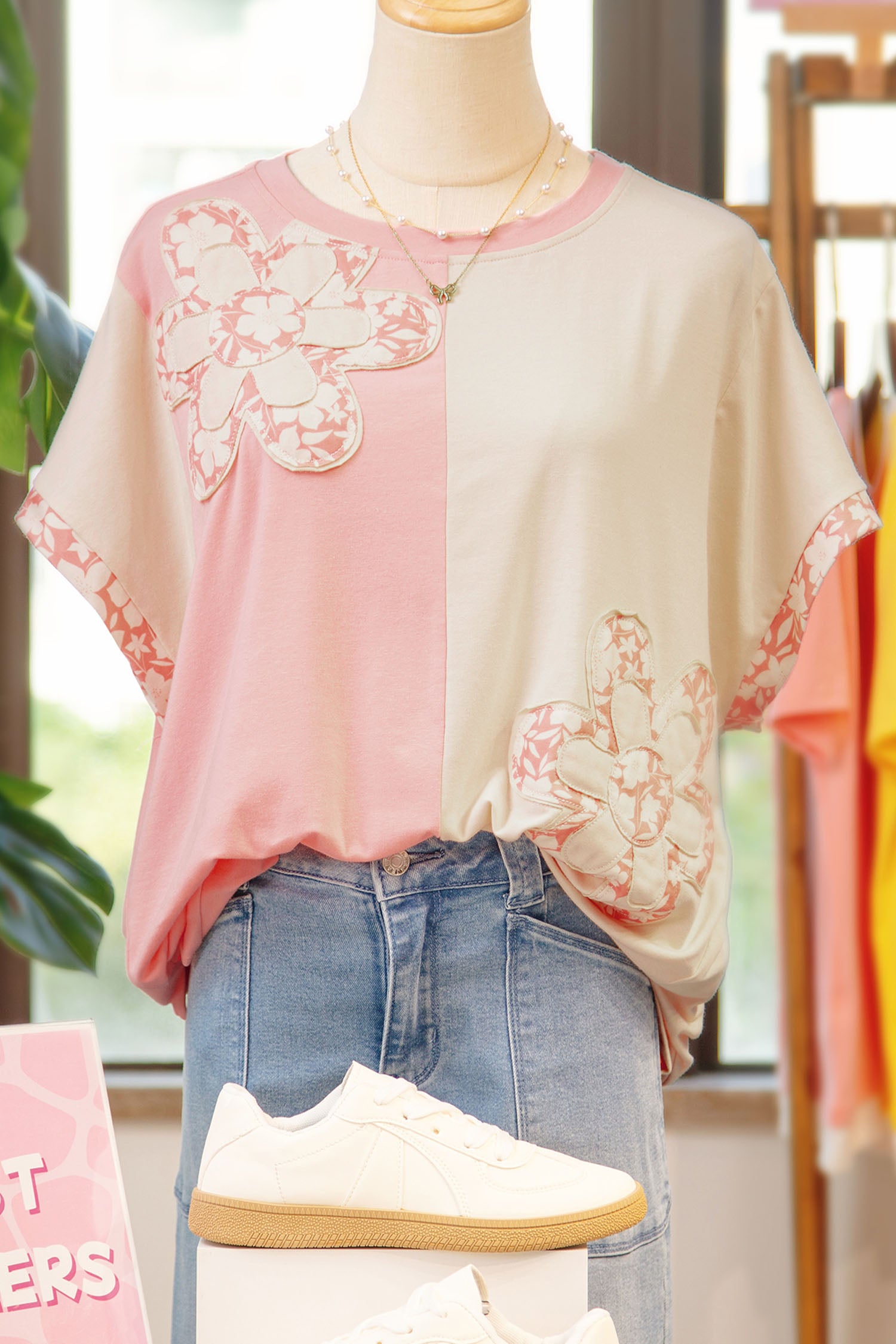 Apricot Color Block Flower Patched Loose T Shirt