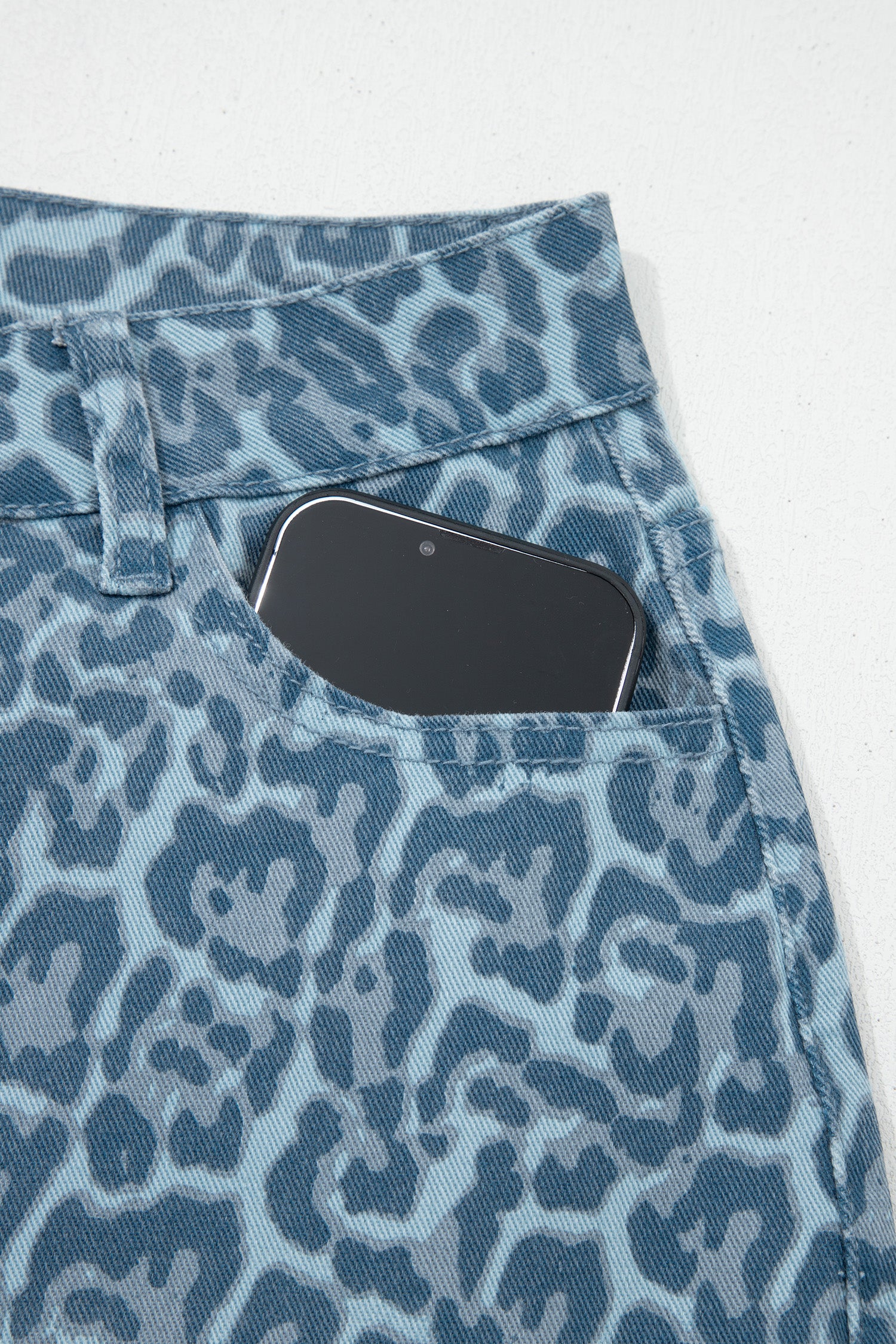 Gray Leopard Frayed Edge Wide Leg High Waist Jeans