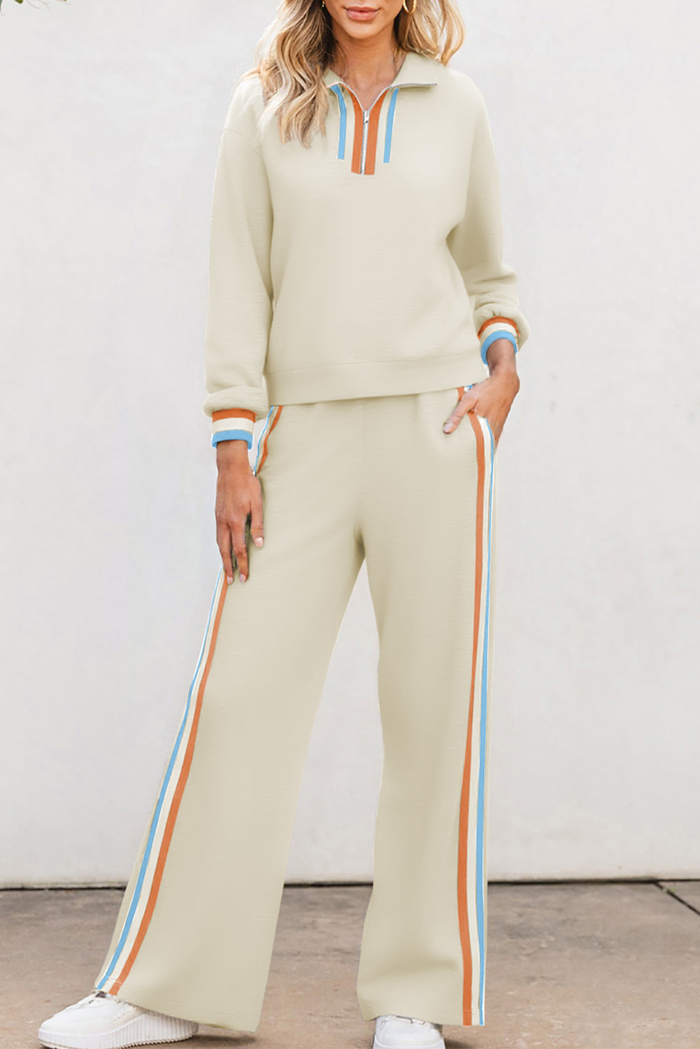 Gray Striped Patchwork Quarter Zip Pullover Loose Pant Set