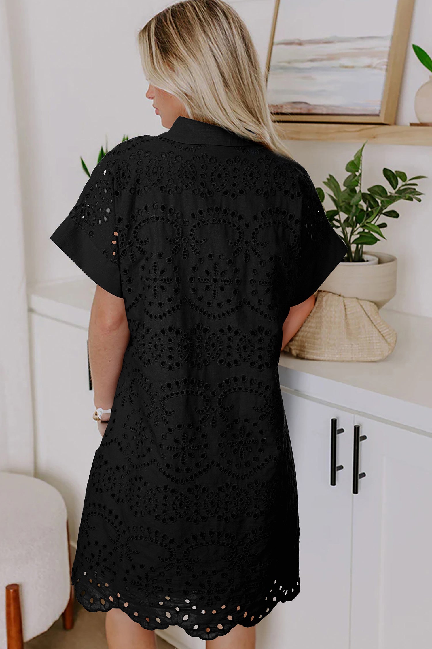 Dark Blue Solid Color Eyelet Embroidered T Shirt Mini Dress