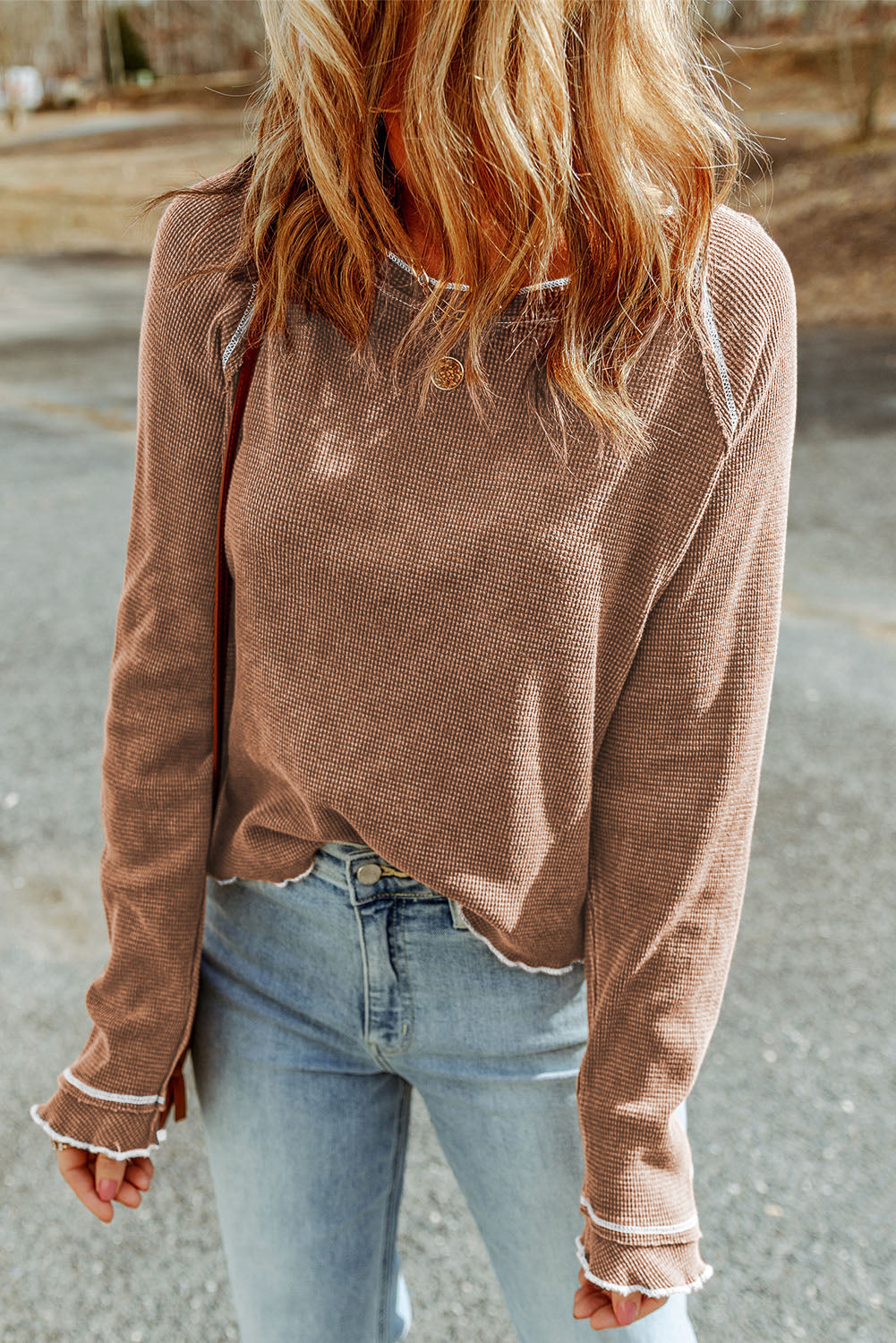Black Textured Round Neck Long Sleeve Top