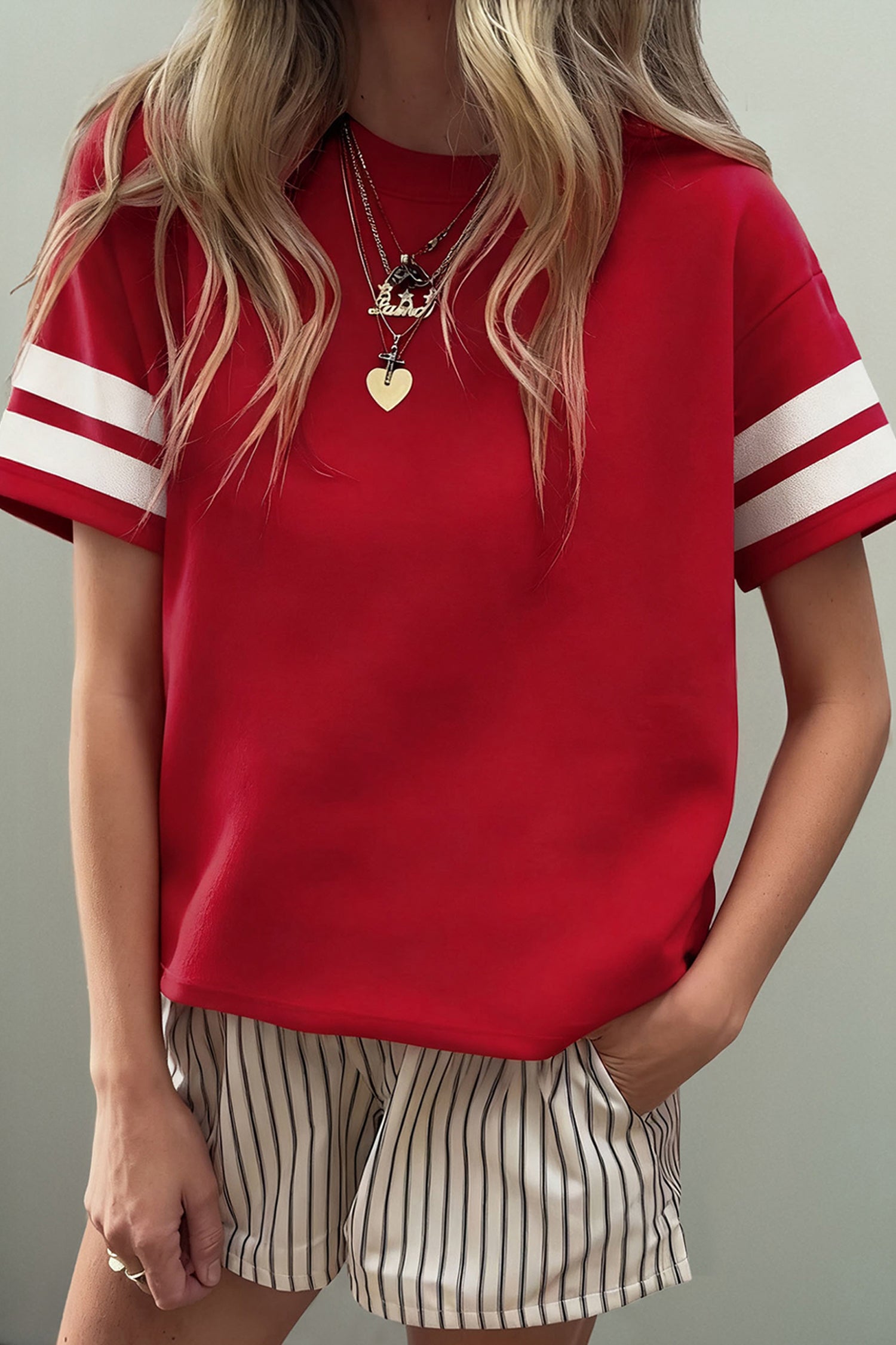 Dark Blue Varsity Striped Short Sleeve Crew Neck T Shirt