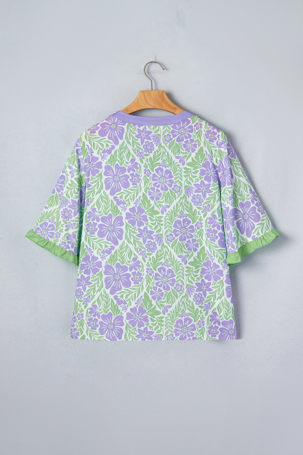 Rose Floral Print Ruffled Color Block Trim Half Sleeve Blouse