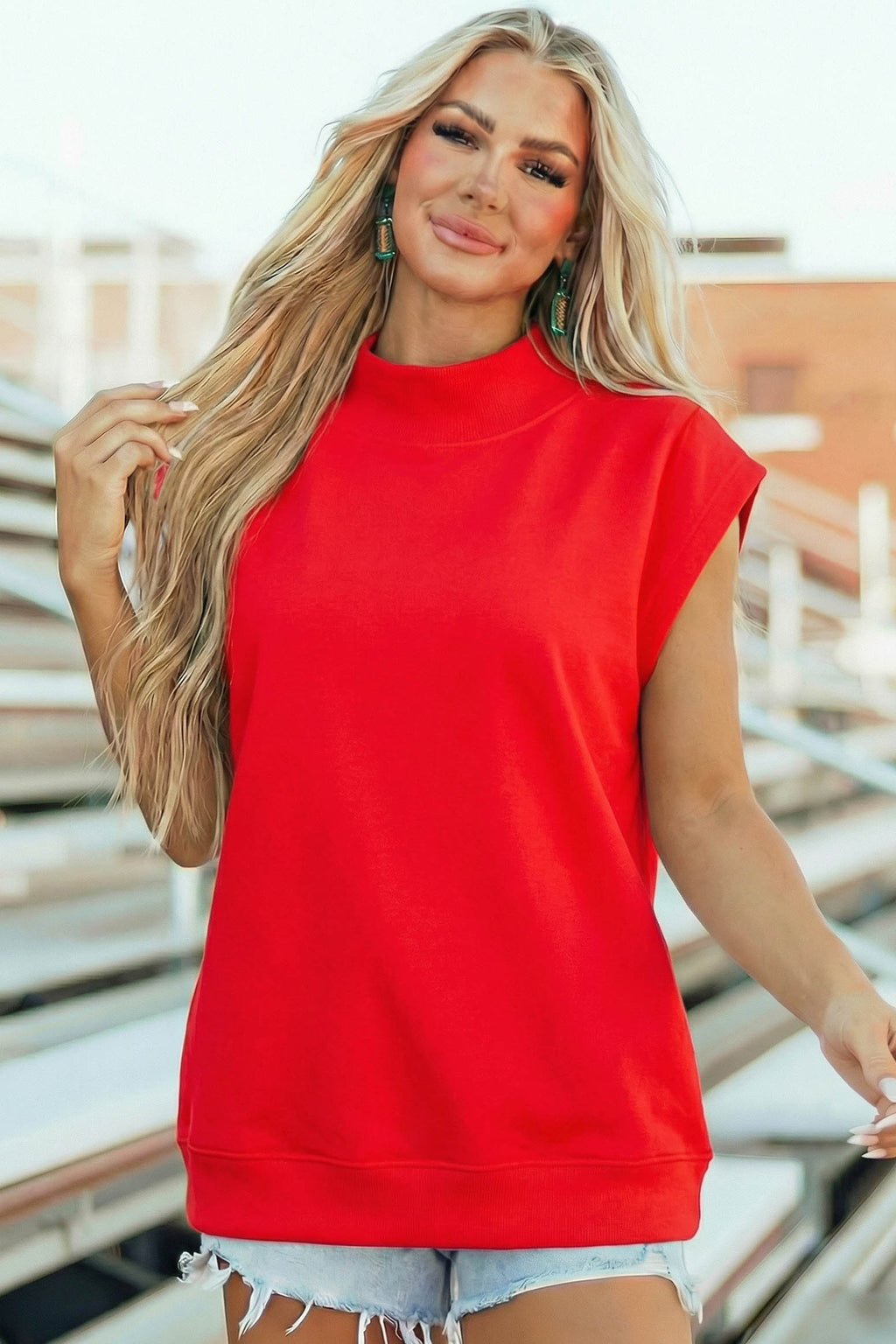 Light Grey Solid Color High Neck Cap Sleeve Loose Top