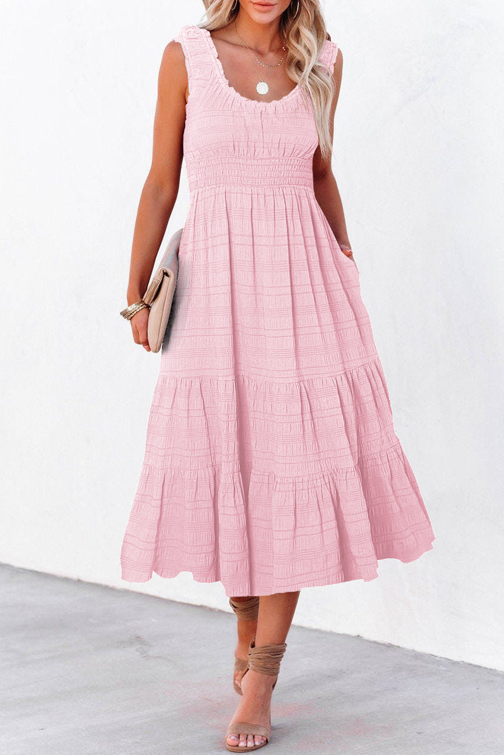 Green Shirred Pleated Square Neck Sleeveless Midi Dress