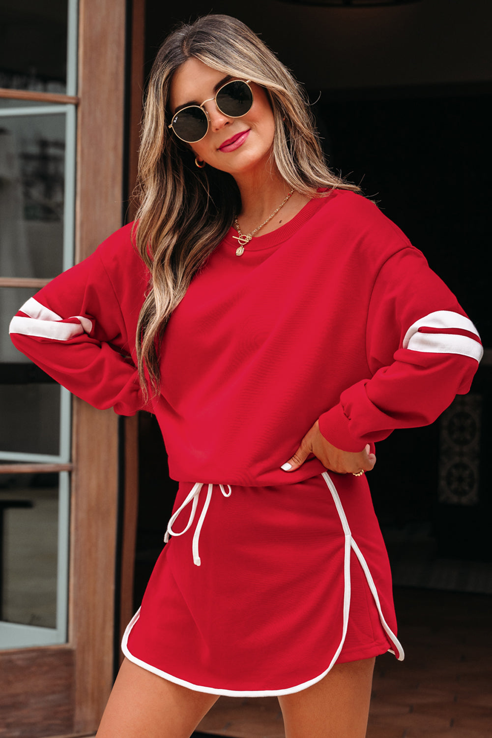 Black Varsity Stripe Detail Drop Shoulder Pullover Mini Skort Set