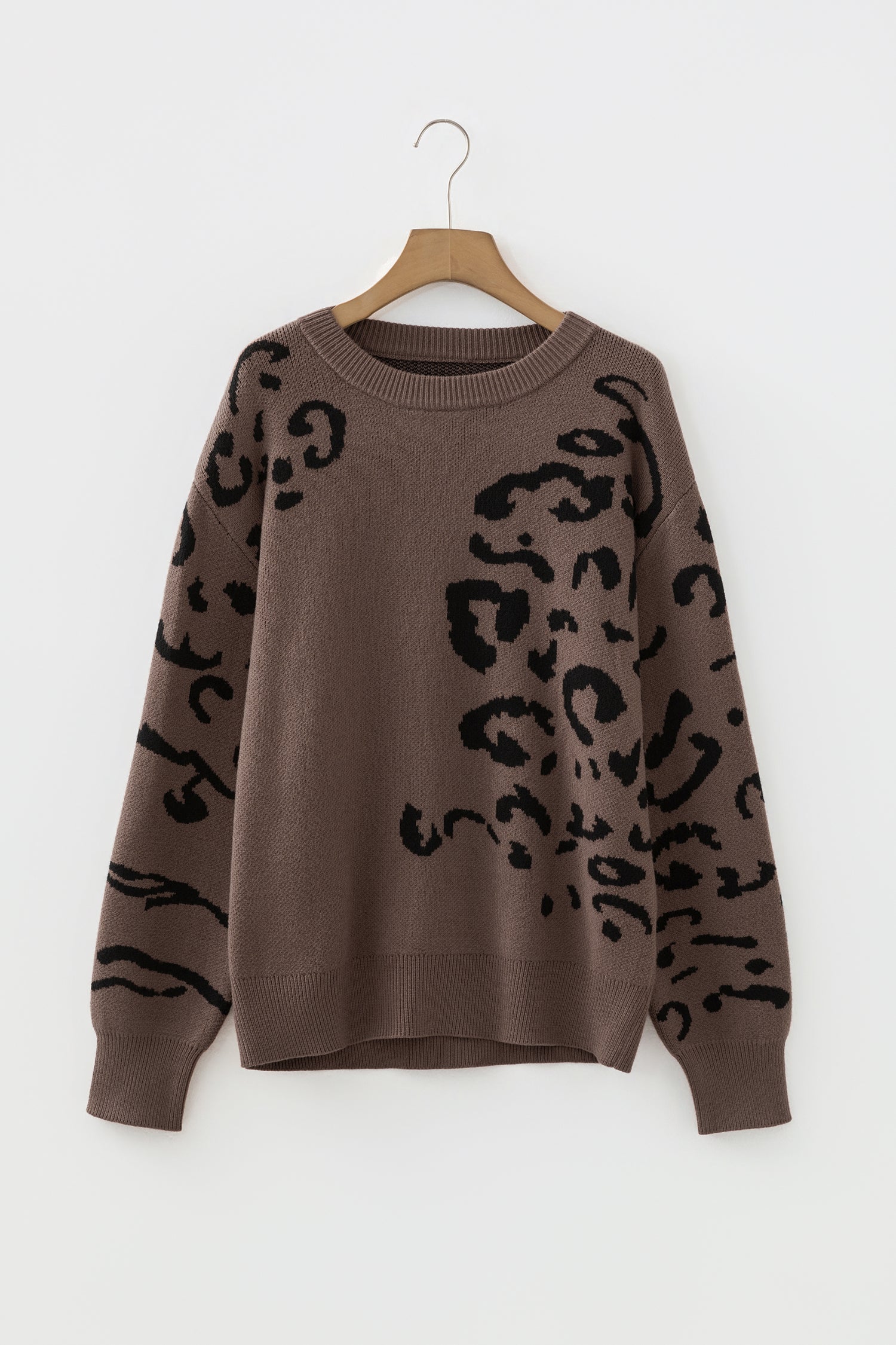 Beige Asymmetric Leopard Print Detail Drop Shoulder Sweater
