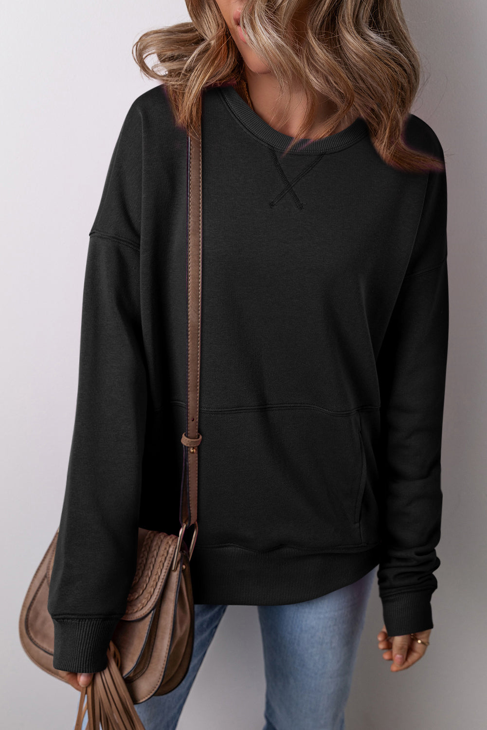 Vineyard Green Drop Shoulder Crisscross Stitching Pocketed Loose Sweatshirt