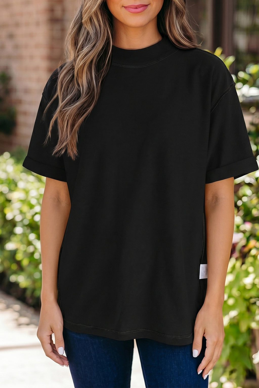 Beau Blue Solid Color High Neck Oversize Tee