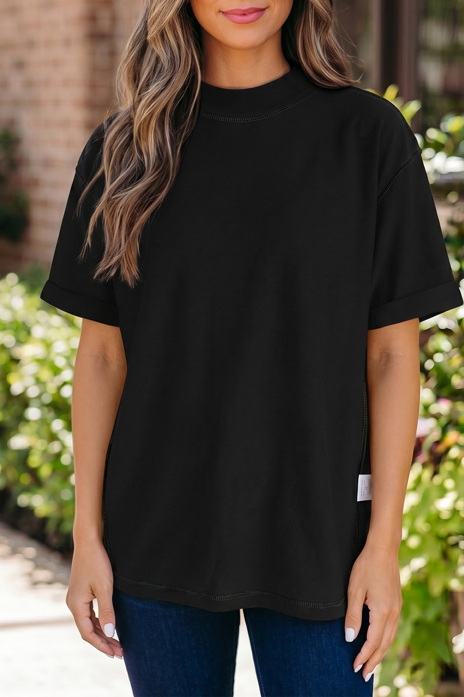 Beau Blue Solid Color High Neck Oversize Tee